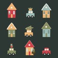 Christmas set vector image winter houses, car with gifts, car with Christmas tree